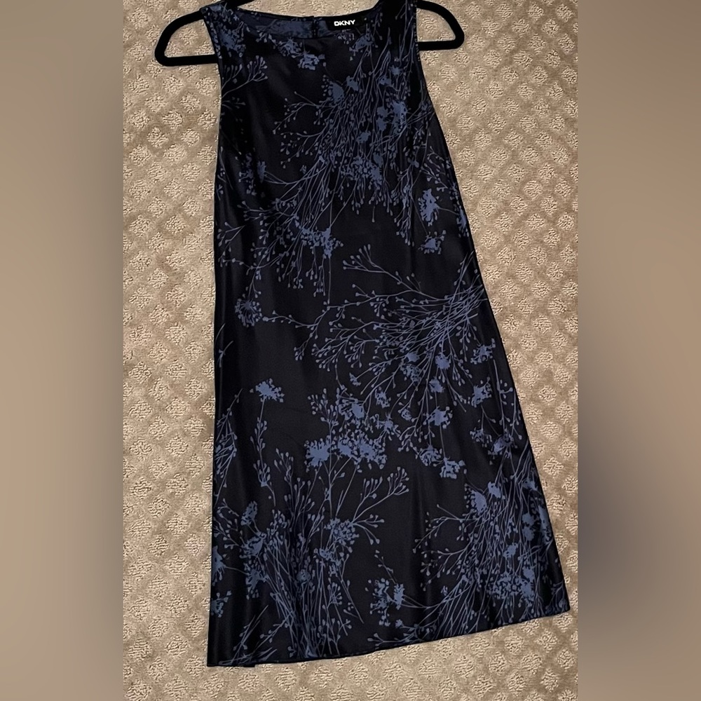 DKNY navy blue silk mini dress with light blue pattern